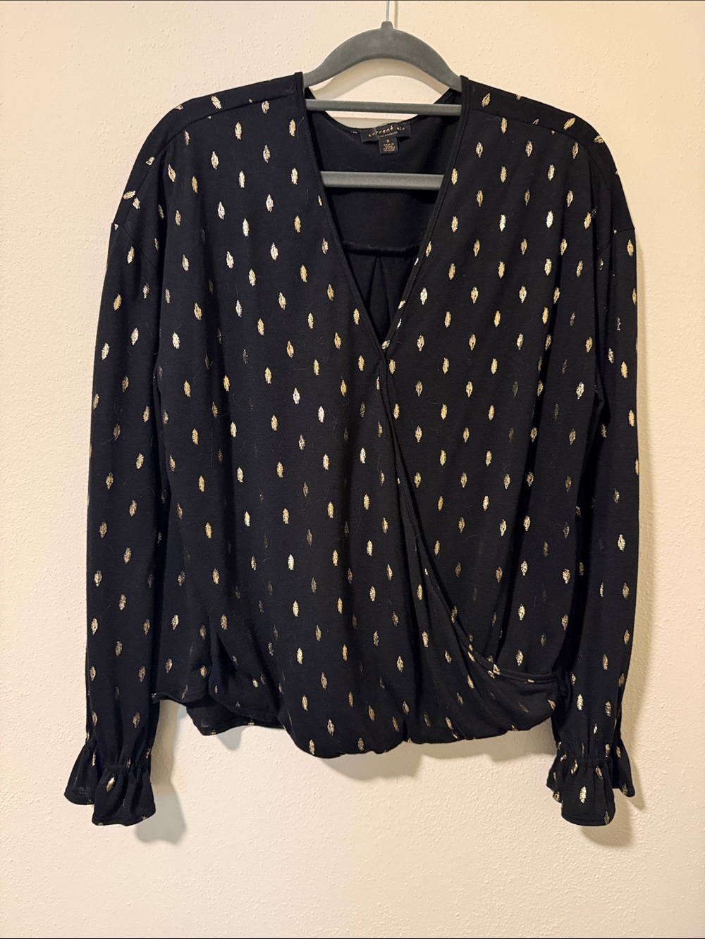 Anthropologie Black Wrap Blouse with Metallic Gold Print | Small